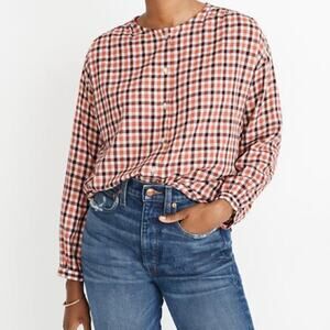 Madewell Checkered Brown Orange Cream Long Sleeve Button Down Collarless Top XS